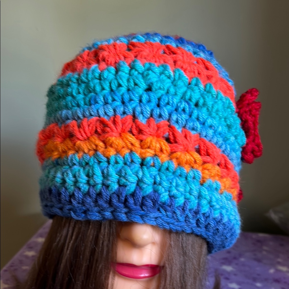 Handmade Colorful Crochet Beanie with heart Accent medium acrylic soft - Picture 4 of 11